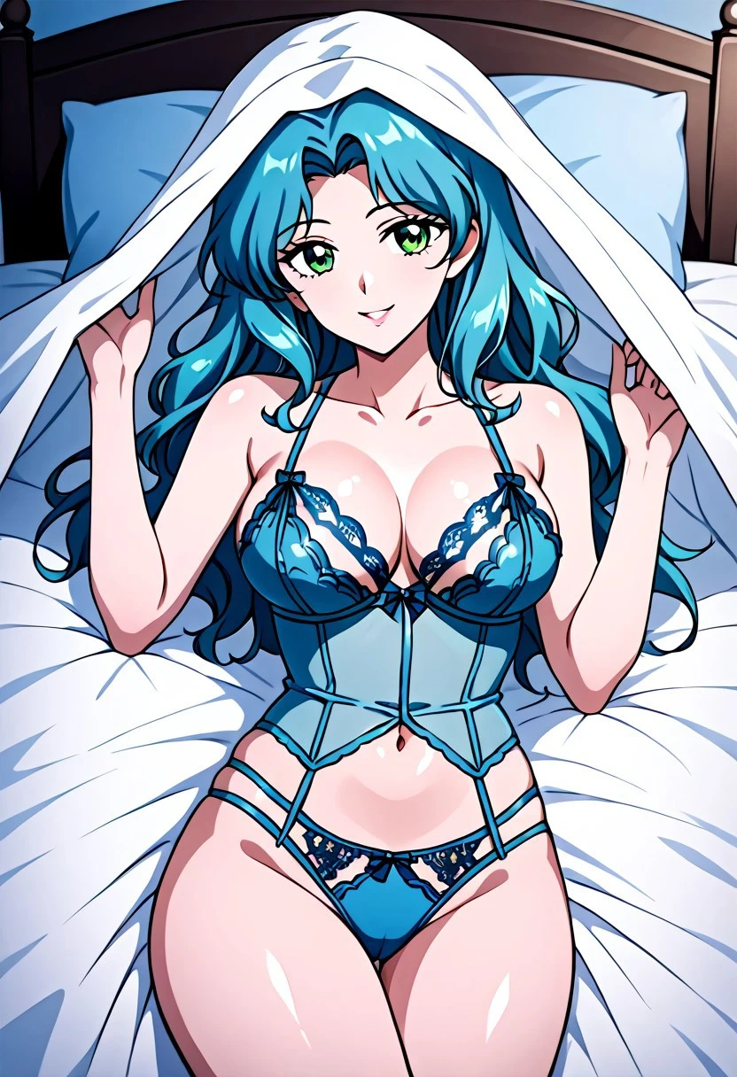 (masterpiece:1.1), best quality, NSFW, 
1girl, (80s anime style:1.3), (eyelashes:1.5), 
(intricate high detailed body:1.2), 
blue hair, (long hair, straight hair:1.1), 
green eyes, (red lip stick:1.1), 
slender body, large breasts, 
(grin:1.2), 
neckwear, (white lace leotard with sleeves:1.1), 
see-through clothes, jewelry, 
(cowboy shot, looking at viewer, from front:1.1),
in royal palace,