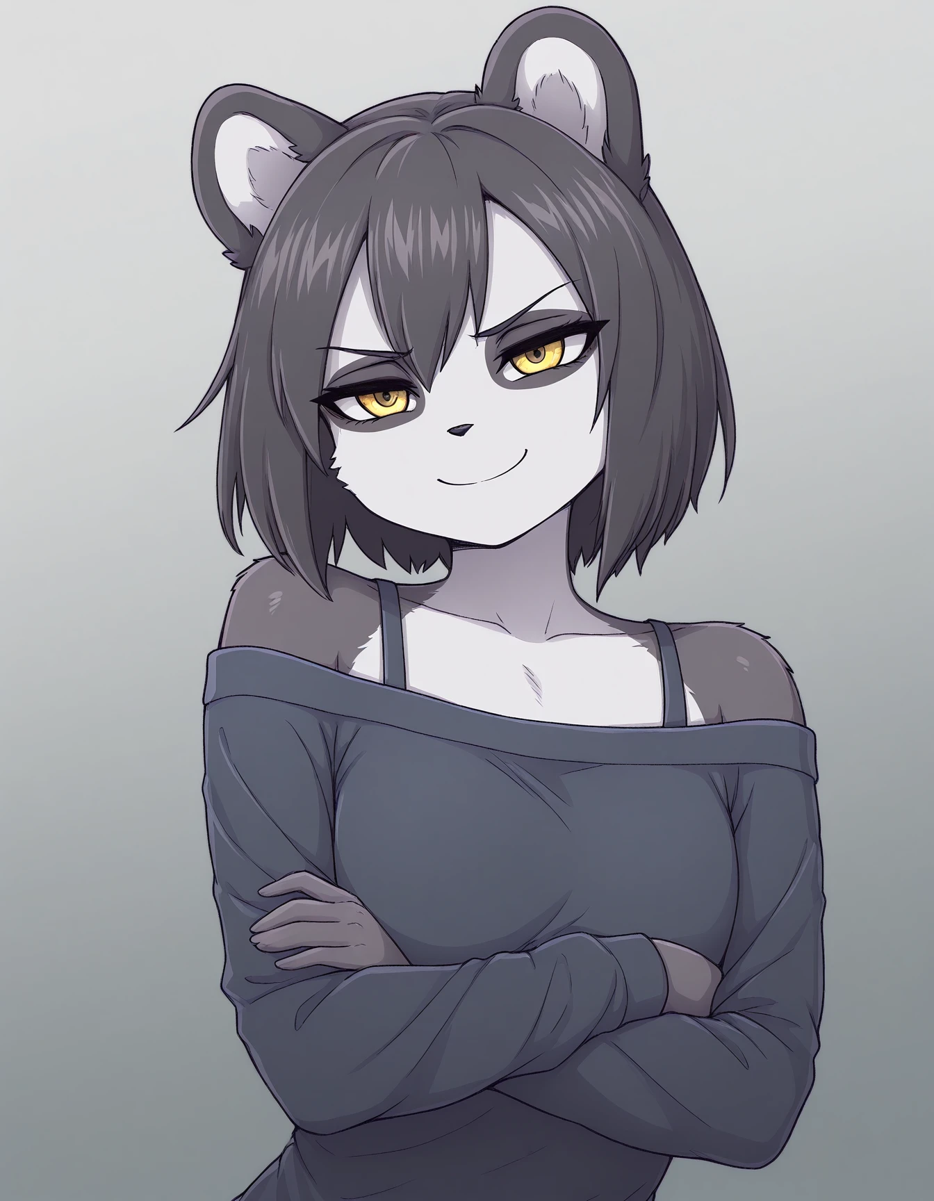 (fluffy woman:1.2), (hairy pubic hair:1.2), (tightsuit:1.16), (grey fur:1.12)human character, end, 1 busty girl, Heterochromia, Alone,sketching,thickline,escala cinza,a sketch,Reference diagram,wearing a blacked shirt,cabelos preto e longos,Close-up of the head,Black and white,in woods,vague background