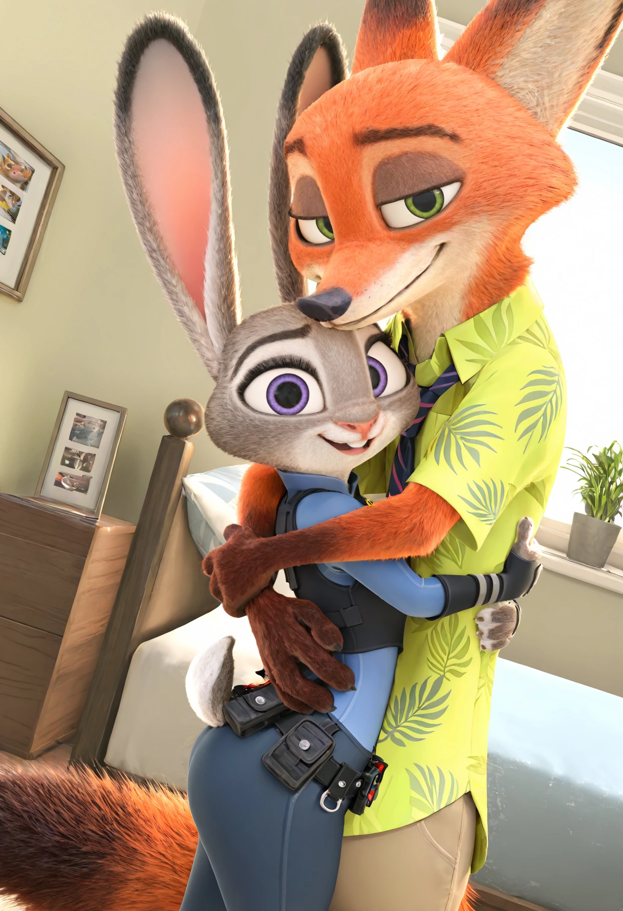 masterpiece,best quality,amazing quality,very aesthetic,absurdres,newest, vivid colors, judy hopps \(zootopia\), judy hopps, anthro, furry, rabbit ears, grey fur, two-tone fur, rabbit girl, purple eyes, rabbit tail, buck teeth, (4 fingers:1.2), 1boy, nick wilde (zootopia\), nick wilde, fox, male fox, green eyes, tail, (4 fingers:1.2), necktie, green hawaiian shirt, pants, looking at viewer, hug, hetero, cowboy shot, dutch angle,indoors, bed, bedroom, <lora:Judy_Hopps_Zootopia_Illustrious_Edition:.6>