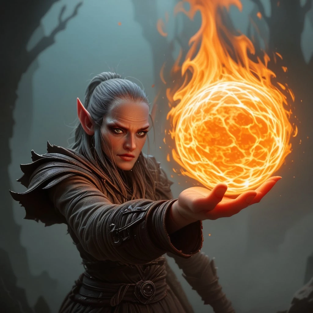 A woman wizards from a fantasy world creating a fire ball with her hands