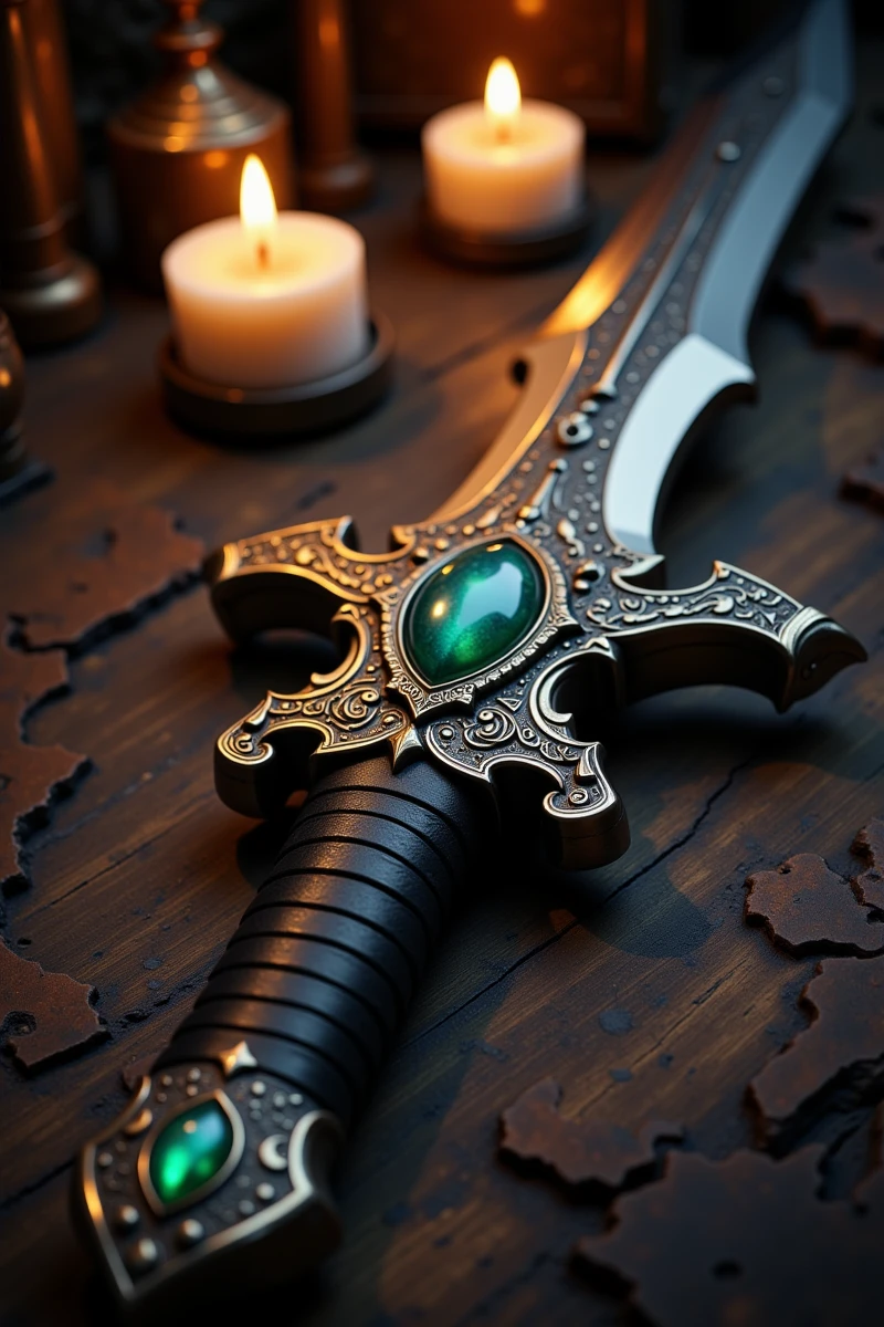 Enhanced_Lighting_and_Textures,The image features an ornate sword with a fantasy design, resting on a weathered wooden surface. The sword has a straight, double-edged blade that gleams with a silvery sheen, adorned with intricate engravings along its length. The hilt is black, wrapped in what appears to be leather, and is accented with gold and silver details. A large, green gemstone is set into the pommel, matching the smaller green stones embedded in the crossguard. The crossguard itself is elaborately designed with swirling patterns. In the background, two lit candles provide a warm, ambient light, enhancing the mystical atmosphere of the scene. The overall composition evokes a sense of medieval fantasy or adventure.