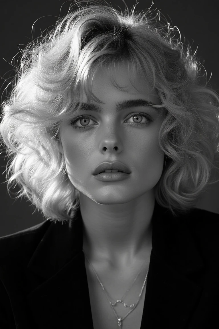 black and white portrait inspired by Peter Lindbergh's photographic style of erikaeflx, a blonde woman looking directly at the camera.