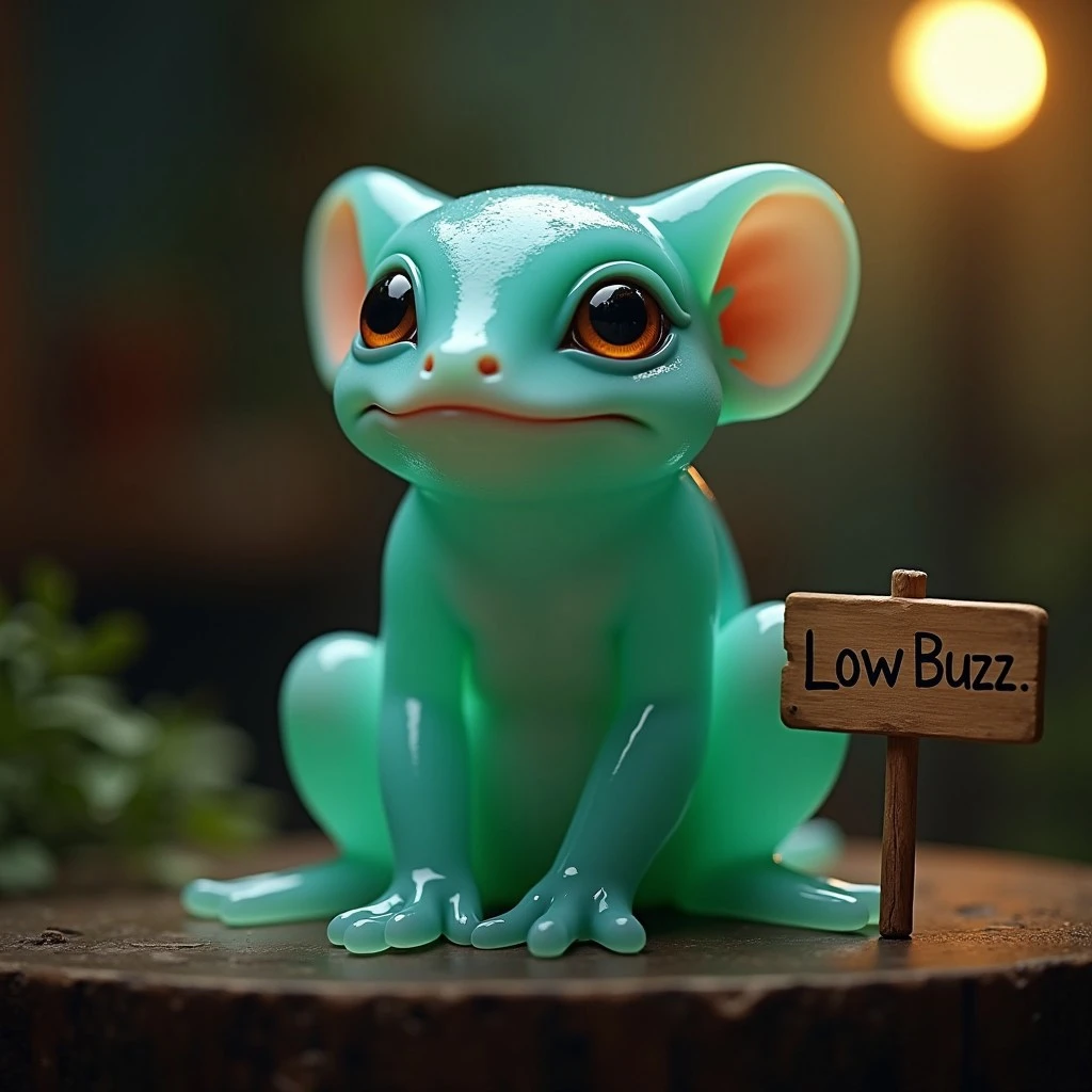 Close-up shot of a translucent teal kobold perched on its knees, its gelatinous limbs splayed apart. Soft, ambient lighting illuminates the scene from above, casting a warm glow over the kobold's delicate features and glistening skin. The focus is on the kobold's serene expression, with the blurred background adding depth to the composition. A wooden sign next to it that reads: "Low Buzz"