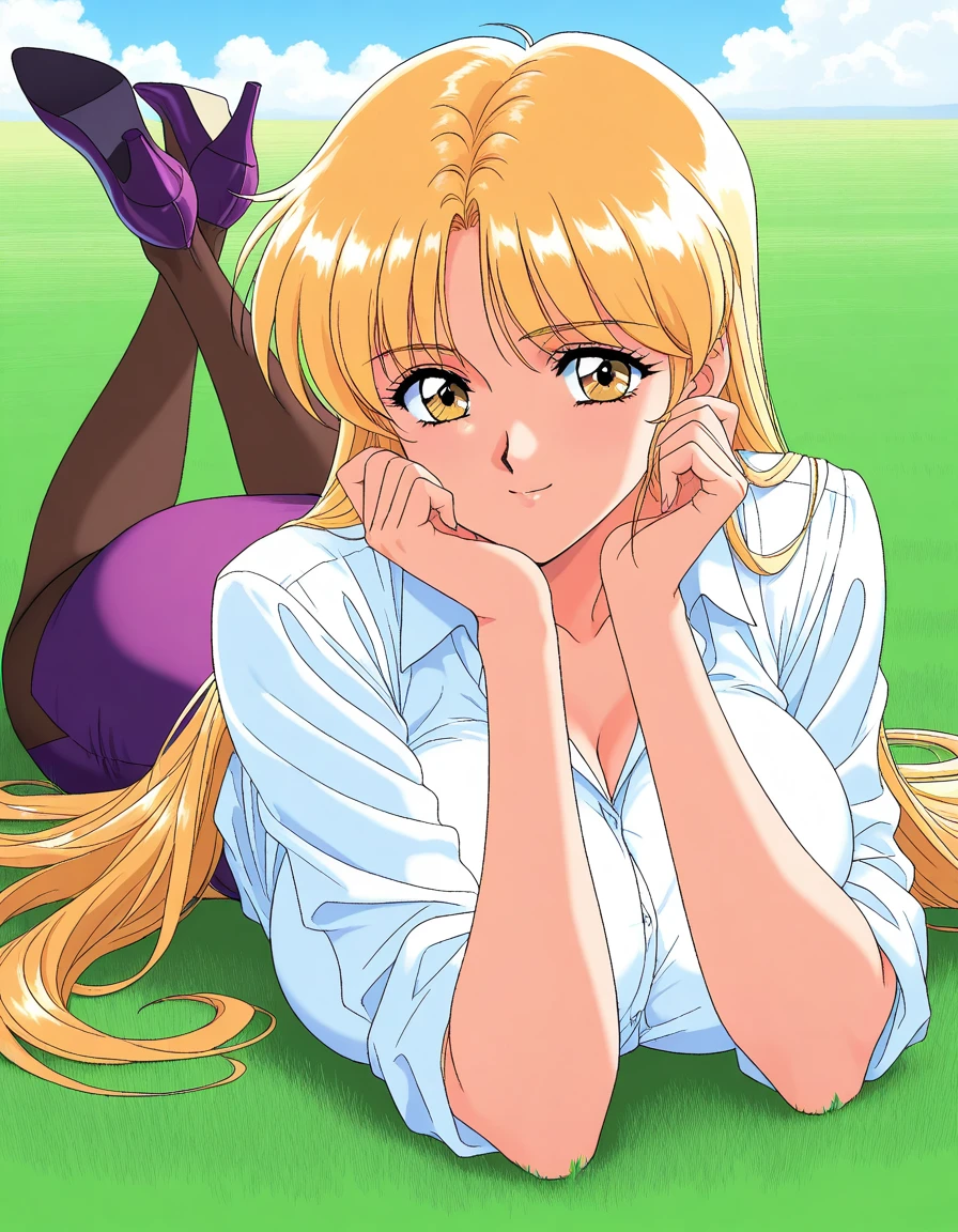 general,highres, ultra-detailed,very aesthetic,best quality ,best hands, BREAK <lora:NingyouTsukai_IS:1>
jessica, 1girl, solo, very long hair, blonde hair, huge breasts, bangs, brown eyes,
pantyhose, on stomach, lying, pencil skirt, high heels, looking at viewer, shirt, sleeves rolled up, yellow eyes, legs up, purple skirt, oekaki, white shirt, 1990s (style), shoes, bangs, miniskirt
smile,looking at viewer, cowboy_Shot,
grass, sky, day,