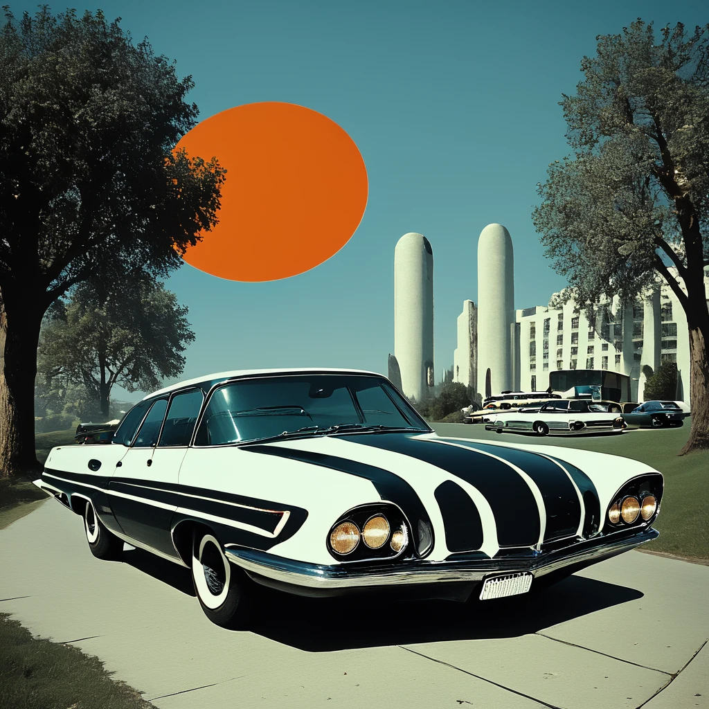 Score_9, score_8_up, score_7_up, score_6_up, BREAK <lora:Abstract_Retro_Future_MoviePony:1> ArsMovieStill, Movie still from an abstract retro future movie, The image is a digital illustration of a black vintage car parked on a checkered floor. The car is in the center of the image with a large orange circle in the background. The background is a gradient of blue and orange with trees and buildings on either side of the car. The sky is a deep blue and the sun is shining brightly in the top right corner. The overall color scheme is predominantly blue orange and black with some hints of white and gray. The image has a retro and vintage feel to it., car, vehicle focus, motor vehicle, no humans, ground vehicle, sports car, tree, outdoors