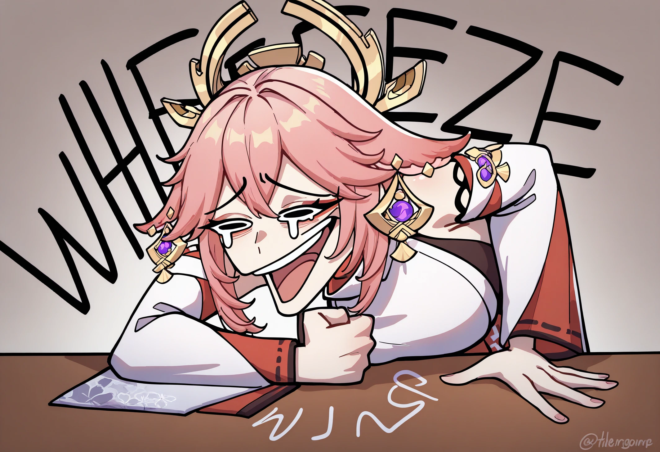 masterpiece, best quality, newest, absurdres, highres, 1girl, wheeze, upper body, laughing, tears, clenched hand, crying, english text, hand on table, open mouth, <lora:WheezeMeme_illusXLNoobAI_Incrs_v1-000013:1>, yae miko,