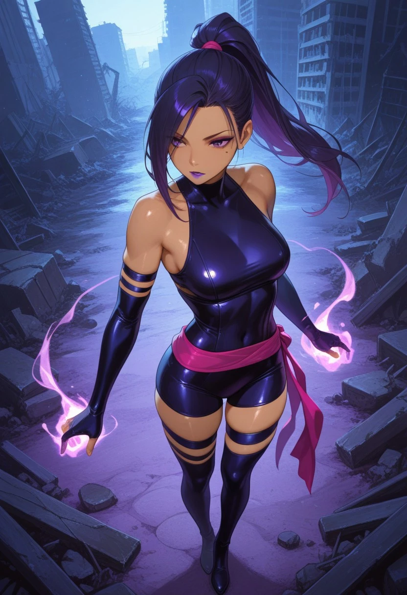 absurdres, masterpiece, best quality, very aesthetic, HDR, 8K, ultra-detailed, anime, 748cmstyle, outdoor, ruins, standing, full body, uses magic, purple magic flying out of hands, from above,
1girl (Psylocke_Fortnite, solo, dark-skinned female, purple hair, black hair, long hair, ponytail, asymmetrical hair, mole, purple eyes, makeup, purple lips, skin tight, elbow gloves, bare shoulders, black overalls, sash, boots, skindentation, shiny skin, skinny, narcissistic),