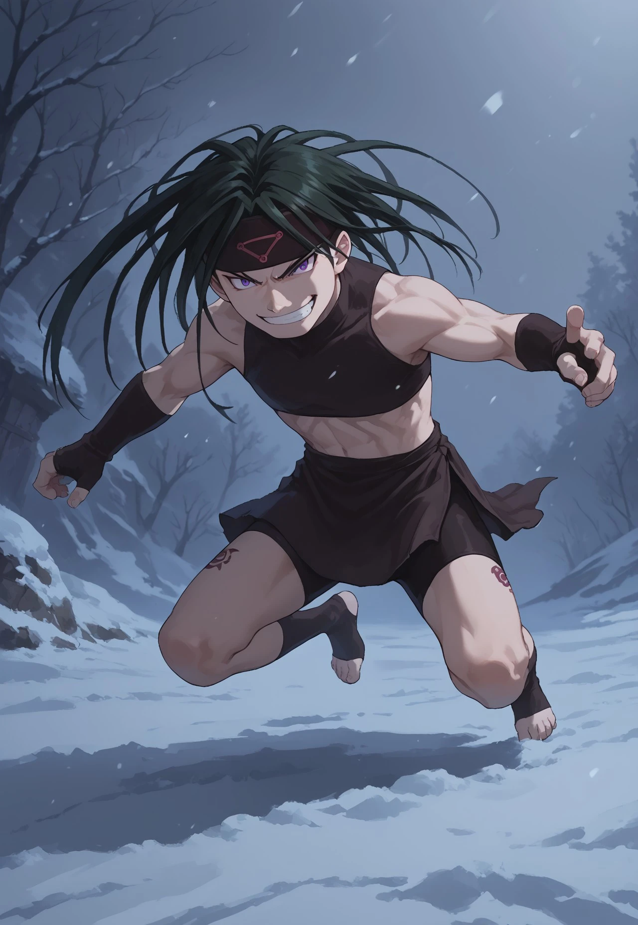 safe_pos, score_9, score_8_up, score_7_up, masterpiece, best quality, FMAB_Envy, 1boy, solo, long hair, dark green hair, black hair, purple eyes, slit pupils, headband, crop top, bare shoulders, midriff, gloves, fingerless gloves, skirt, side slit, bike shorts under skirt, bike shorts, toeless legwear, leg tattoo, tundra, snow, perspective, evil grin, full body, fighting stance