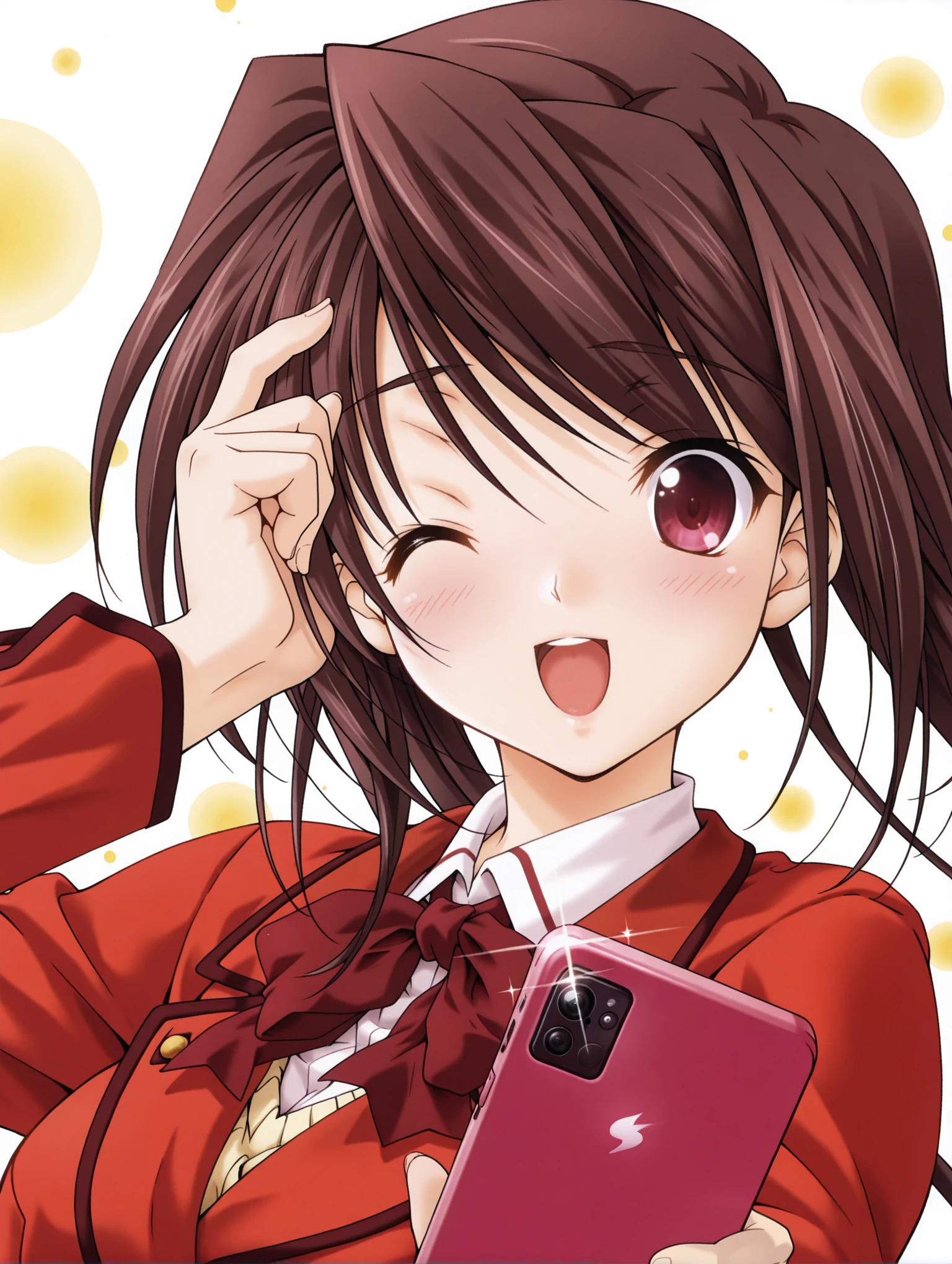 masterpiece,best quality,amazing quality,1girl,solo,
<lora:hina_asuka_ilxl_v1:1>,h_as,a_clothes,blazer,
<lora:Fixhands_anime_bdsqlsz_V1:1>,face_focus,(reaching towards viewer:1.2),outstretched arm,(holding Smartphones:1.2),open mouth,front view,upper_body,light_blush,looking_up,panorama,:d,looking_at_Smartphones,holding Smartphones,reaching towards viewer,Smartphones,self -portrait,blush,one eye closed,sparkle,blush,face_focus,bokeh,dynamic_angle,cinematic_angle,dutch angle,foreshortening,fisheye,white_background,simple_background,v over eye,