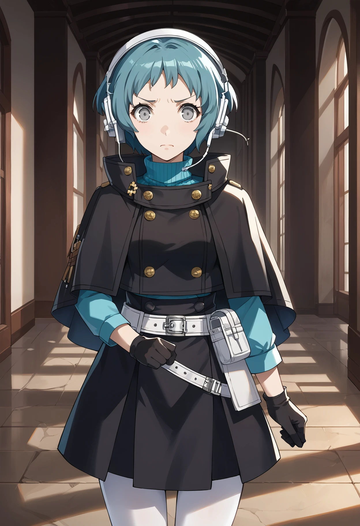 score_9, score_8_up, source_anime
(masterwork, masterpiece, best quality, hyper-detailed :1.2),
1 girl, solo, cute face,
p3fuuka, yamagishi fuuka, short hair, aqua hair, gray eyes,
p3fuuka-sees, headphones, headset, turtleneck, aqua turtleneck, capelet, black capelet, gekkoukan high school uniform, skirt, black skirt, pantyhose, white pantyhose, gloves, belt, white belt, holster,
indoors, hallway, stone walls, stone floors, medieval, looking at viewer, determined, scared,