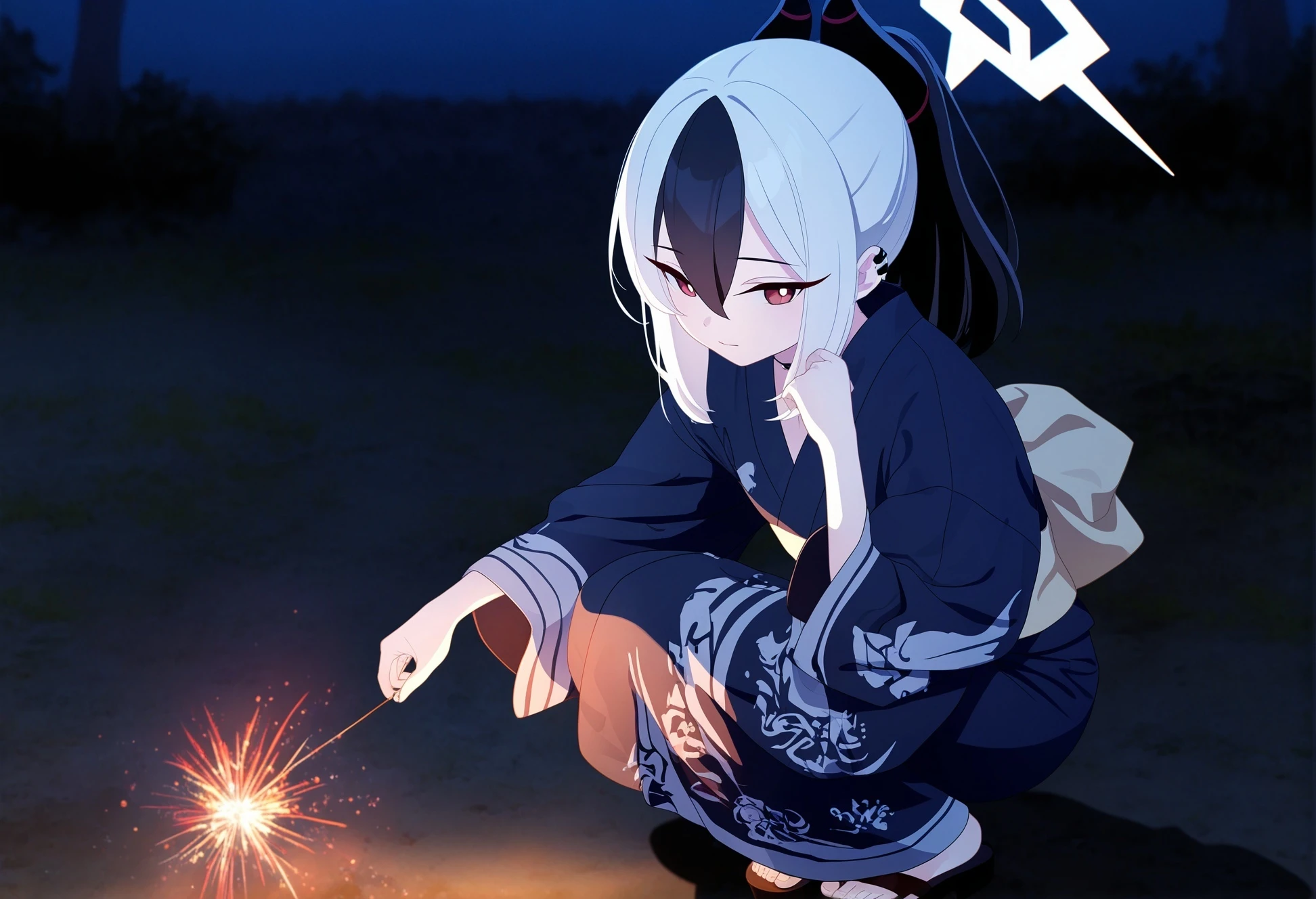 1girl, holding fireworks, kimono, blurry background, kayoko \(blue archive\), alternate costume, night, dark, very awa, squatting, official art, blue archive, game cg, non-web source, newest