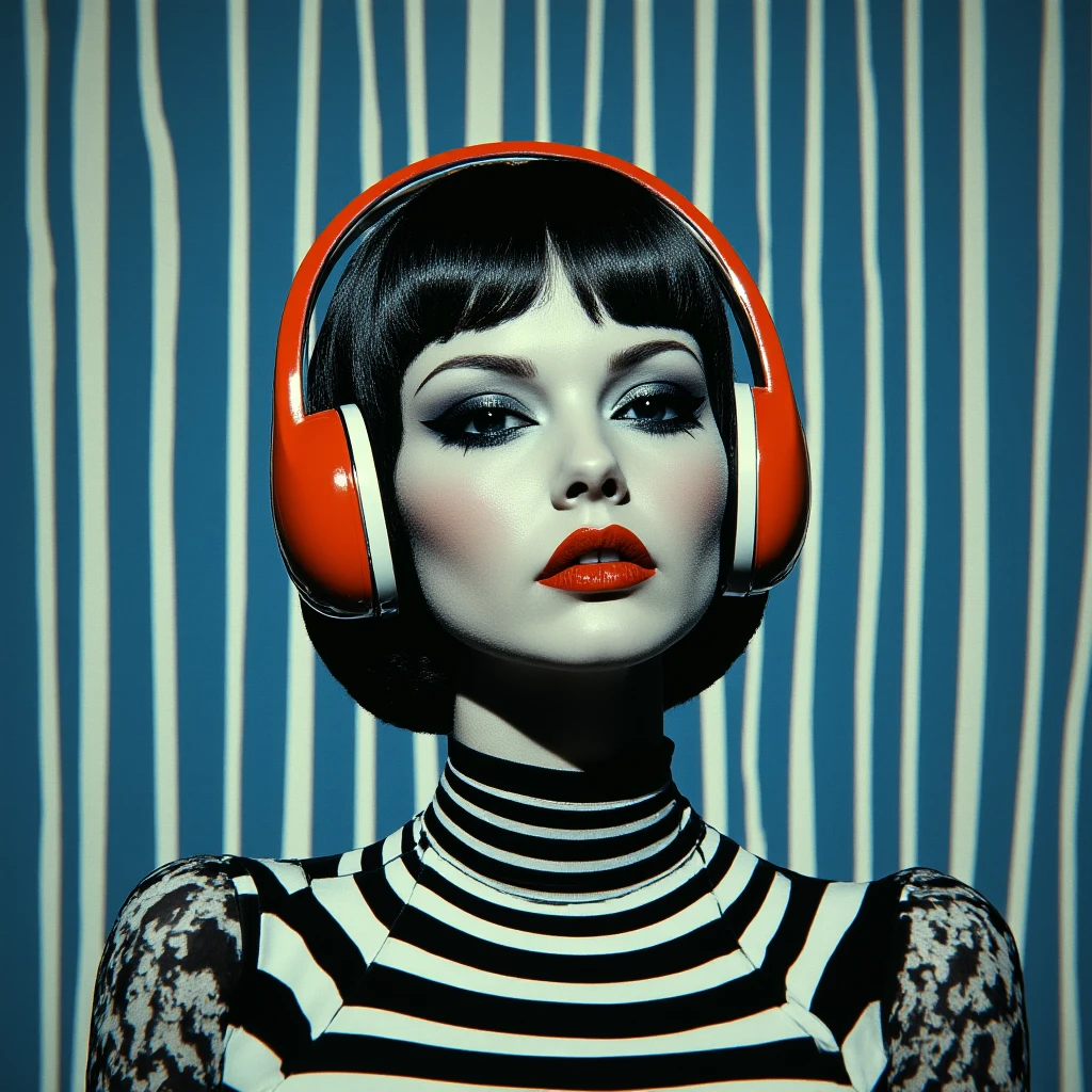 ArsMovieStill, Movie still from an abstract retro future movie, The image is a portrait of a woman's face. She is wearing a black and white striped top and has a large circular headpiece on her head. The headpiece is made of orange earphones and covers her ears. The woman's hair is styled in a short bob with bangs and her makeup is dramatic with dark eyeliner and red lipstick. The background is a striped pattern in shades of blue and white. The overall mood of the image is futuristic and edgy., 1girl, solo, black hair, makeup, portrait, short hair, lipstick, red lips, colored skin, looking at viewer