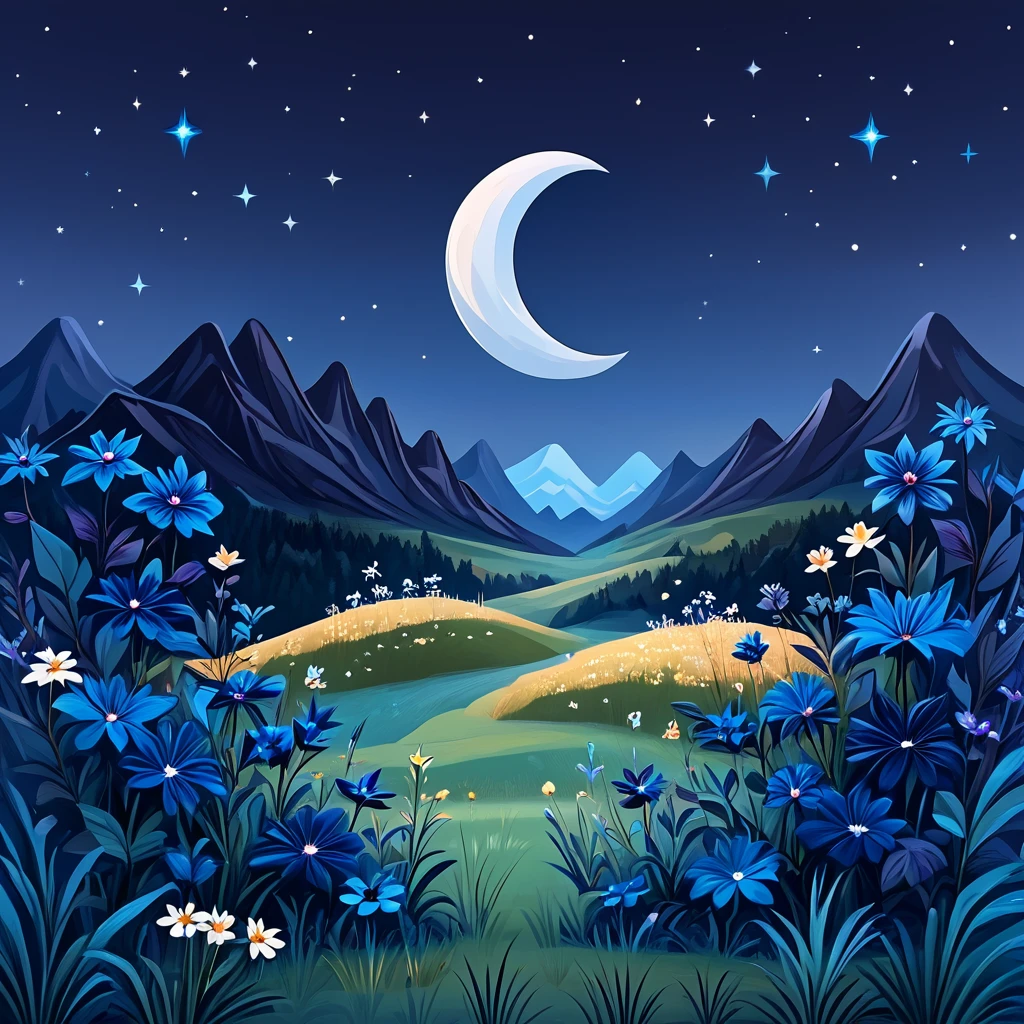Score_9, score_8_up, score_7_up, score_6_up, BREAK <lora:Flat_Cartoon_IllustrationPony:1> ArsMJStyle, Flat Cartoon Illustration, The image shows a beautiful night sky with a crescent moon in the sky surrounded by stars and mountains. In the foreground there are plants with flowers and grass creating a peaceful and serene atmosphere., no humans, flower, sky, moon, outdoors, scenery, night, star (sky), crescent moon, nature