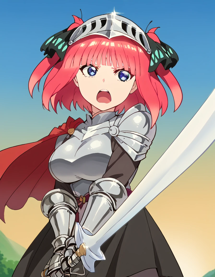 score_9, score_8_up, score_7_up, source_anime, <lora:nnakano-s2-ponyxl-lora-nochekaiser:1>, short hair, bangs, blue eyes, hair ornament, hair ribbon, pink hair, blunt bangs, two side up, butterfly hair ornament, large breasts, anime screencap,, <lora:sunrise-stance-ponyxl-lora-nochekaiser:1>, sunrise stance, weapon, sword, solo, open mouth, holding weapon, holding, holding sword,, <lora:knight-ponyxl-lora-nochekaiser:1>, knight, armor, cape, shoulder armor, gauntlets, helmet, pauldrons, red cape,,