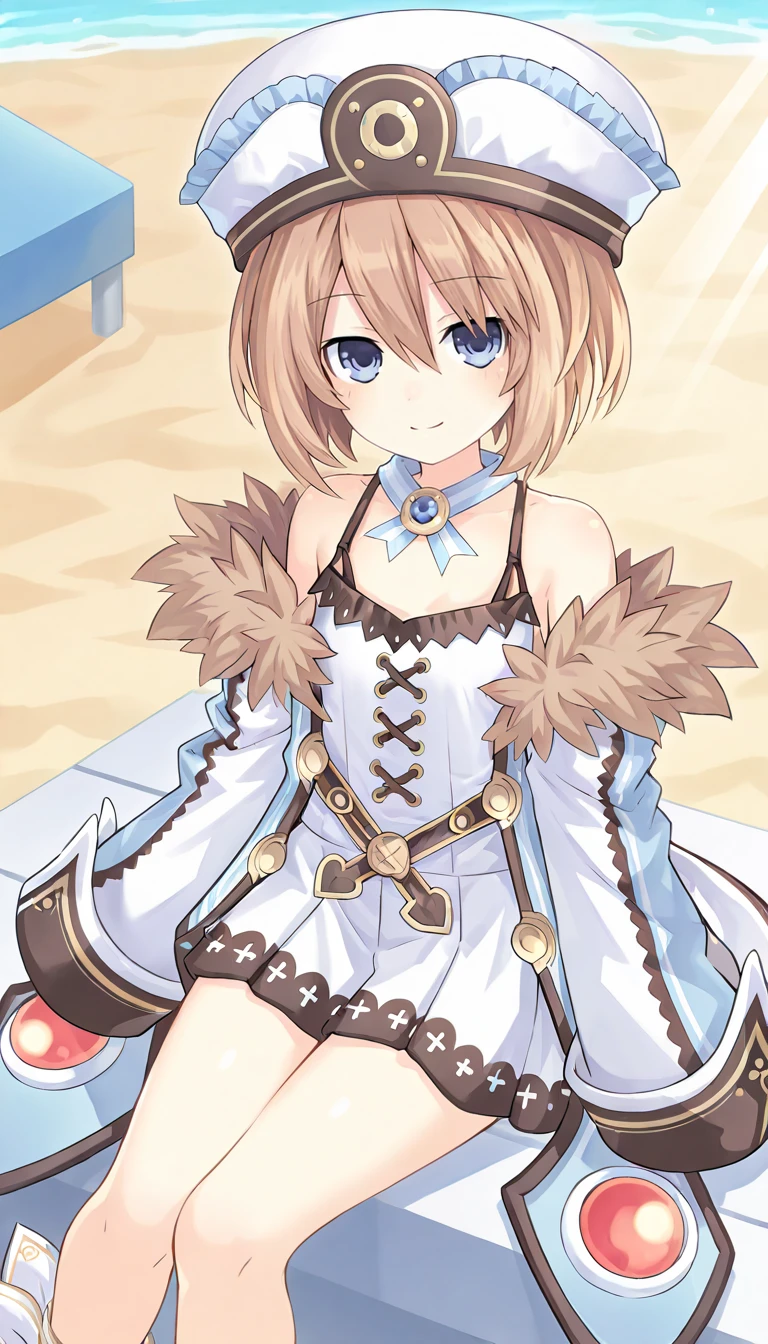 1girl, solo, brown hair, blue eyes, short hair, flat chest, young girl, smile, closed mouth, hat, ribbon, long sleeves, wide sleeves, off shoulder, bare shoulders, short dress, coat, fur trim, ankle ribbon, (looking at viewer, from above), sitting, outdoors, sunny, light rays, shadow, sky, beach, cowboy shot, masterpiece, best quality, very aesthetic, absurdres, newest, <lora:Blanc_Neptunia_IllustXL:0.8>, Blanc \(neptunia)\ , blanc_def