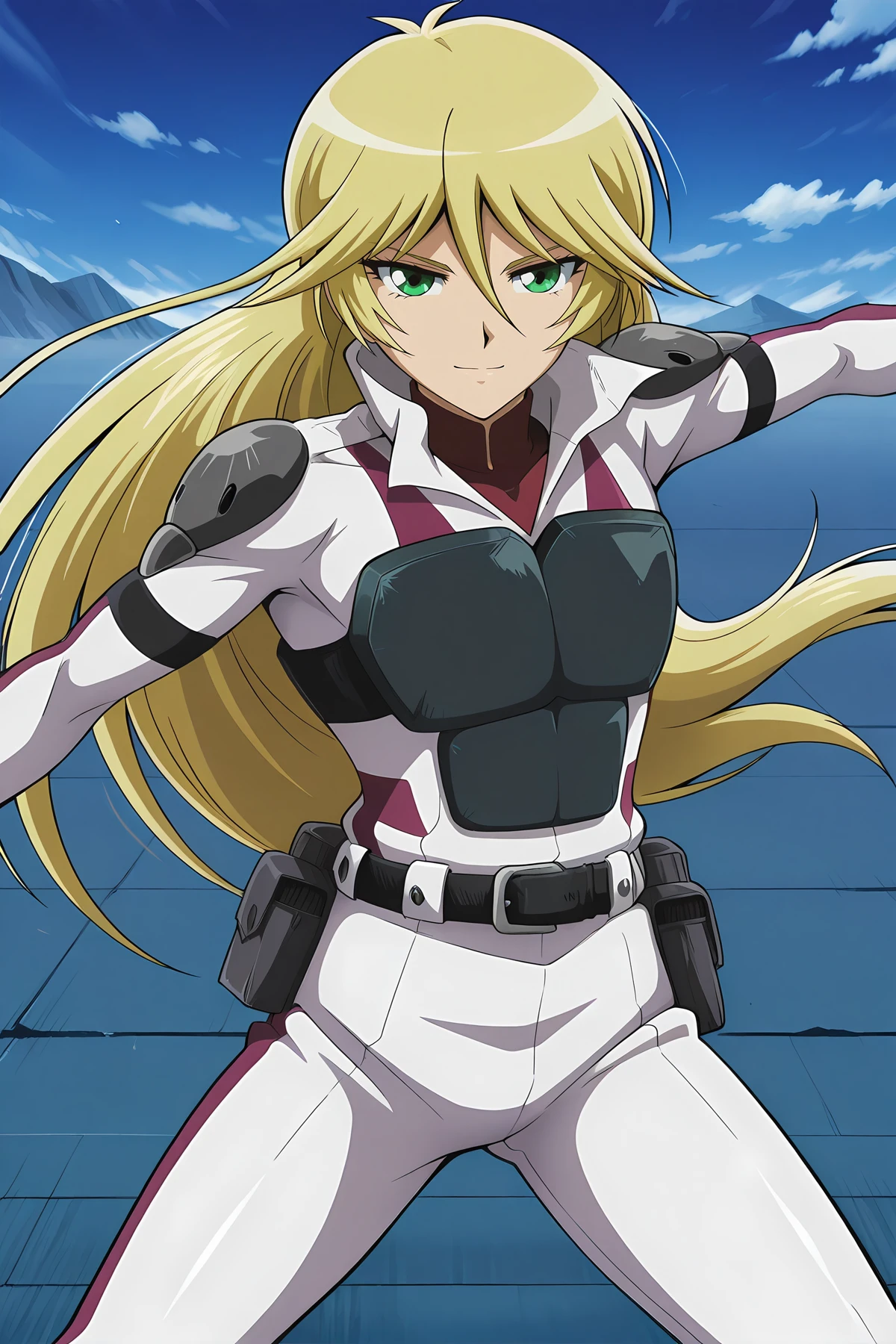 absurdres, highres, masterpiece, best quality, amazing quality, official anime artwork, screencap, anime screencap, outdoors, looking at viewer, light smile, dynamic pose,
<lora:Yu-Gi-Oh_5Ds:1> Sherry Leblanc, 1girl, solo, blonde hair, green eyes, hair between eyes, long hair,, sherry-turbo, chesplate, flat chest, gloves, pilot suit, belt, uniform, armor, white suit,
