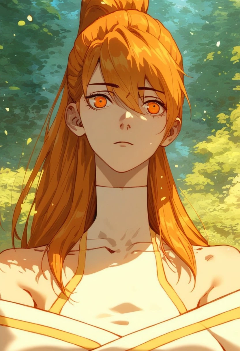 (score_9, score_8_up, score_7_up, score_6_up),
xiaoninger, 1girl, ponytail, long hair, orange hair, bangs, orange eyes, bare shoulder, breasts, collarbone, hair between eyes, masterpiece, best quality, portrait, green pastures, head tilt, looking at viewer, facing viewer, dynamic angle, golden light,light particles