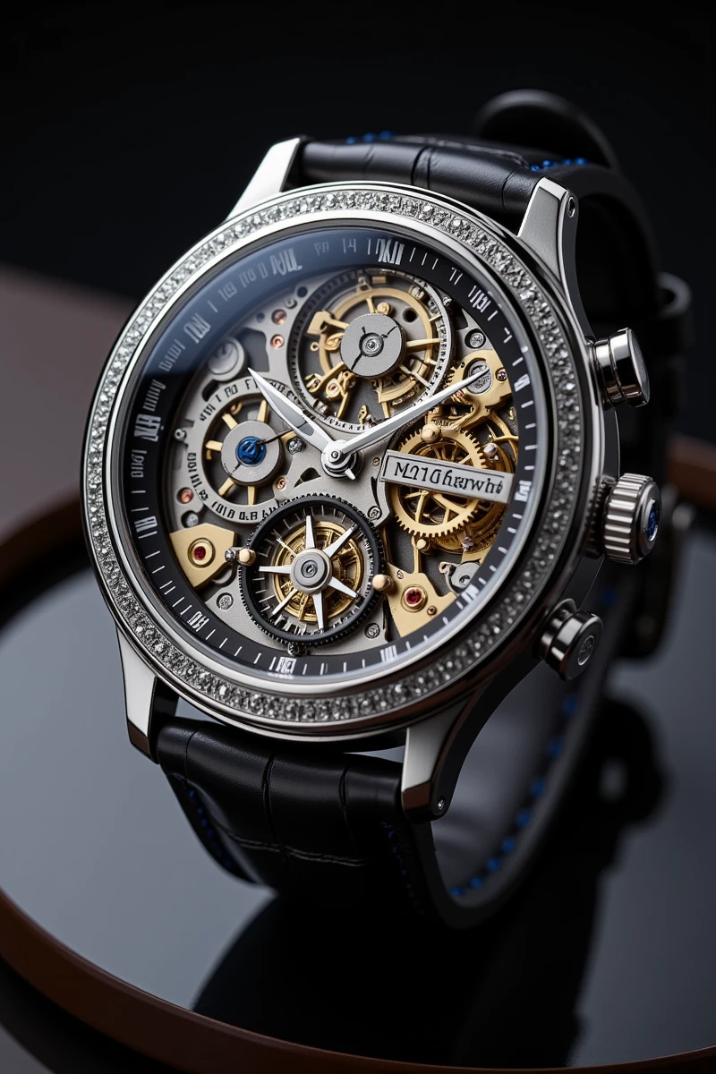 Enhanced_Lighting_and_Textures,The image showcases a sophisticated wristwatch with a transparent face,revealing intricate internal mechanisms. The watch features a silver casing with ornate engravings along the bezel,adding an element of elegance. The visible gears and screws suggest a manual or automatic movement,highlighted by jewels that likely serve as bearings,indicating high precision. The watch hands are not immediately visible,which may imply a minimalist design focusing on the mechanical display. It has a black leather strap with visible stitching,providing a classic contrast to the metallic sheen of the watch face. The reflection on the surface suggests a polished,glossy finish on both the watch and the surface it rests upon. This timepiece combines technical complexity with aesthetic refinement,appealing to enthusiasts of both mechanics and luxury accessories.,