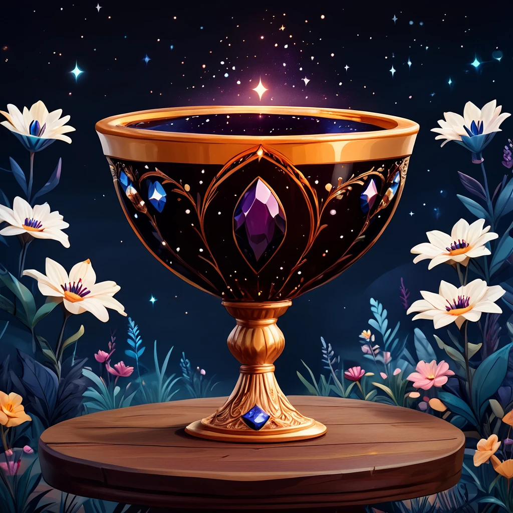 Score_9, score_8_up, score_7_up, score_6_up, BREAK <lora:Flat_Cartoon_IllustrationPony:1> ArsMJStyle, Flat Cartoon Illustration, The image shows a golden chalice with flowers in it sitting on a table surrounded by plants and stars in the night sky., no humans, flower, star (sky), night, sky, white flower, outdoors, starry sky, grass, gem