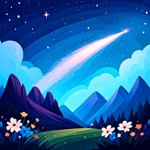 <lora:Flat_Cartoon_IllustrationSD1:1> ArsMJStyle, Flat Cartoon Illustration, The image shows a cartoon landscape with a shooting star in the sky over a mountain range. The sky is filled with stars and clouds and the ground is covered with plants and flowers., no humans, sky, night, star (sky), flower, scenery, outdoors, starry sky, night sky, grass