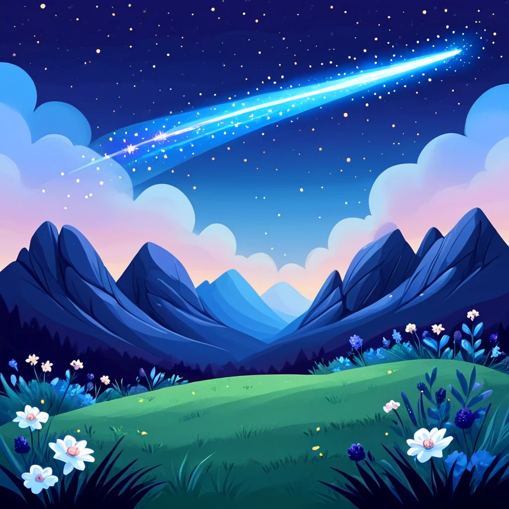 <lora:Flat_Cartoon_IllustrationSDXL:1> ArsMJStyle, Flat Cartoon Illustration, The image shows a cartoon landscape with a shooting star in the sky over a mountain range. The sky is filled with stars and clouds and the ground is covered with plants and flowers., no humans, sky, night, star (sky), flower, scenery, outdoors, starry sky, night sky, grass