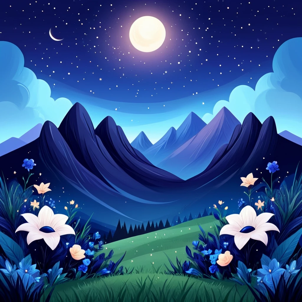 <lora:Flat_Cartoon_IllustrationSDXL:1> ArsMJStyle, Flat Cartoon Illustration, The image shows a beautiful night sky with a crescent moon in the sky surrounded by stars and mountains. In the foreground there are plants with flowers and grass creating a peaceful and serene atmosphere., no humans, flower, sky, moon, outdoors, scenery, night, star (sky), crescent moon, nature
