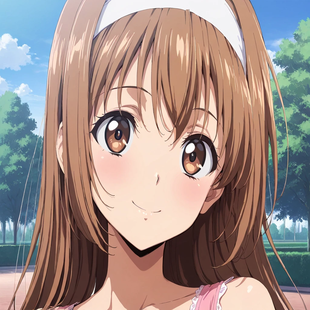 score_9,score_8_up,score_7_up, masterpiece, 8k, highres, wallpaper, source_anime,  park, blue sky, medium shot, 
<lora:Ayumu_Momose:1>, 1girl, ayumu, solo, medium shot, portrait, 
brown hair, long hair, headband, 
brown eyes, 
pink camisole, white cutsew, 
smile,