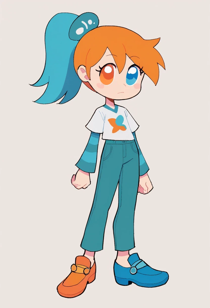 Ni1ckJrrrLapisfan2055, 1girl, solo, blue eyes, orange eyes, heterochromia, orange hair, blue hair, ponytail, multicolored hair, white shirt, dark aqua striped sleeves, dark aqua pants, blue shoes, orange shoes, multicolored shoes, full body, standing