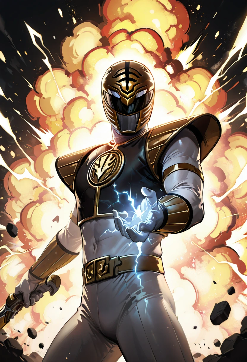 masterpiece, best quality, zzGoldZeo, helmet, 1boy, cowboy shot, holding weapon, glowing electricity, male focus, explosion behind, glowing armor, epic lighting, black and gold palette, cinematic energy , <lora:WhiteRangerIXL:1.0>,