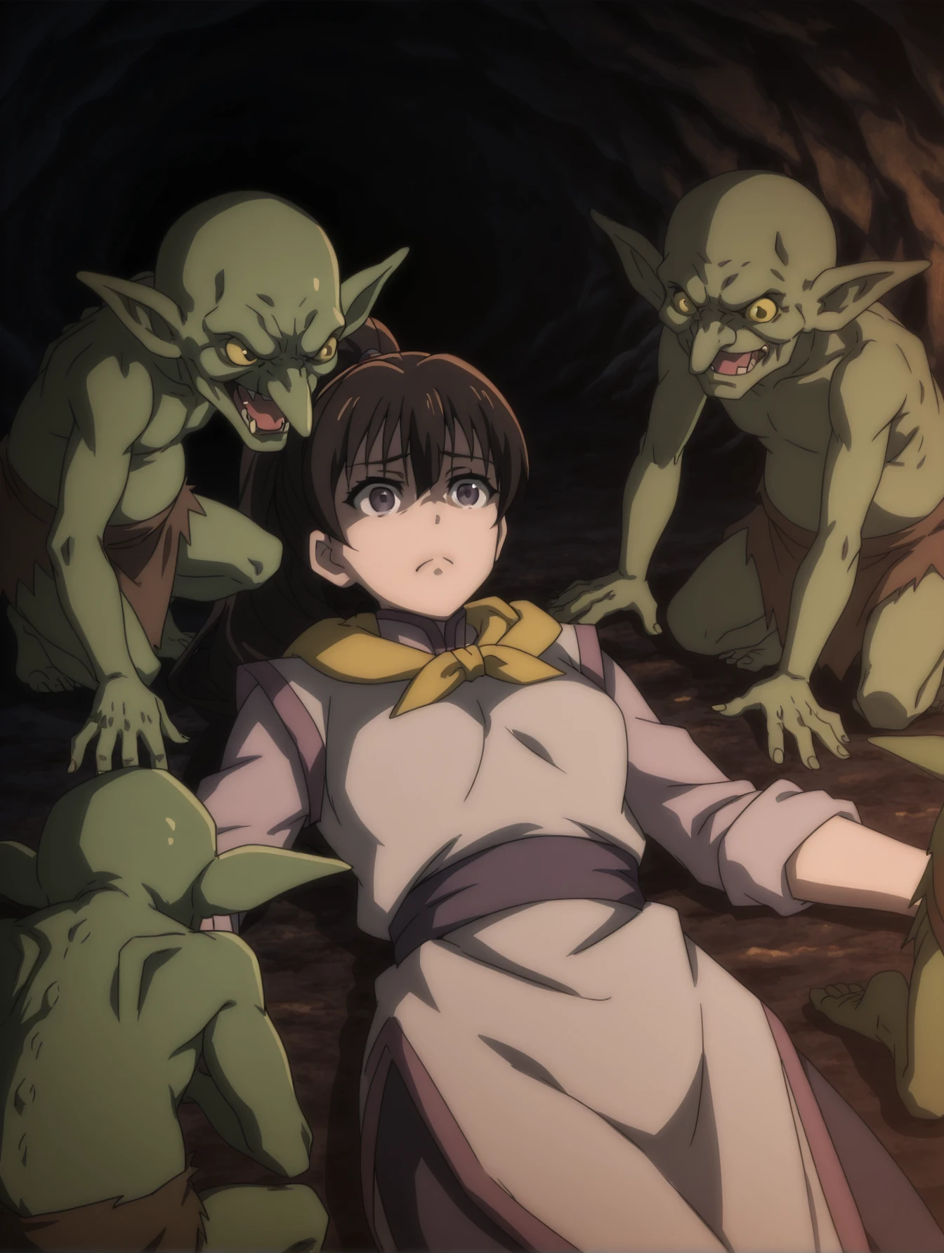 <lora:fighter-wizard-gs-illustrious-000015:1> f1ght3r, ponytail, multicolored robe, neckerchief
1girl, frown, open mouth, (goblin:0.8), lying, surrounded, cave, dim lighting
