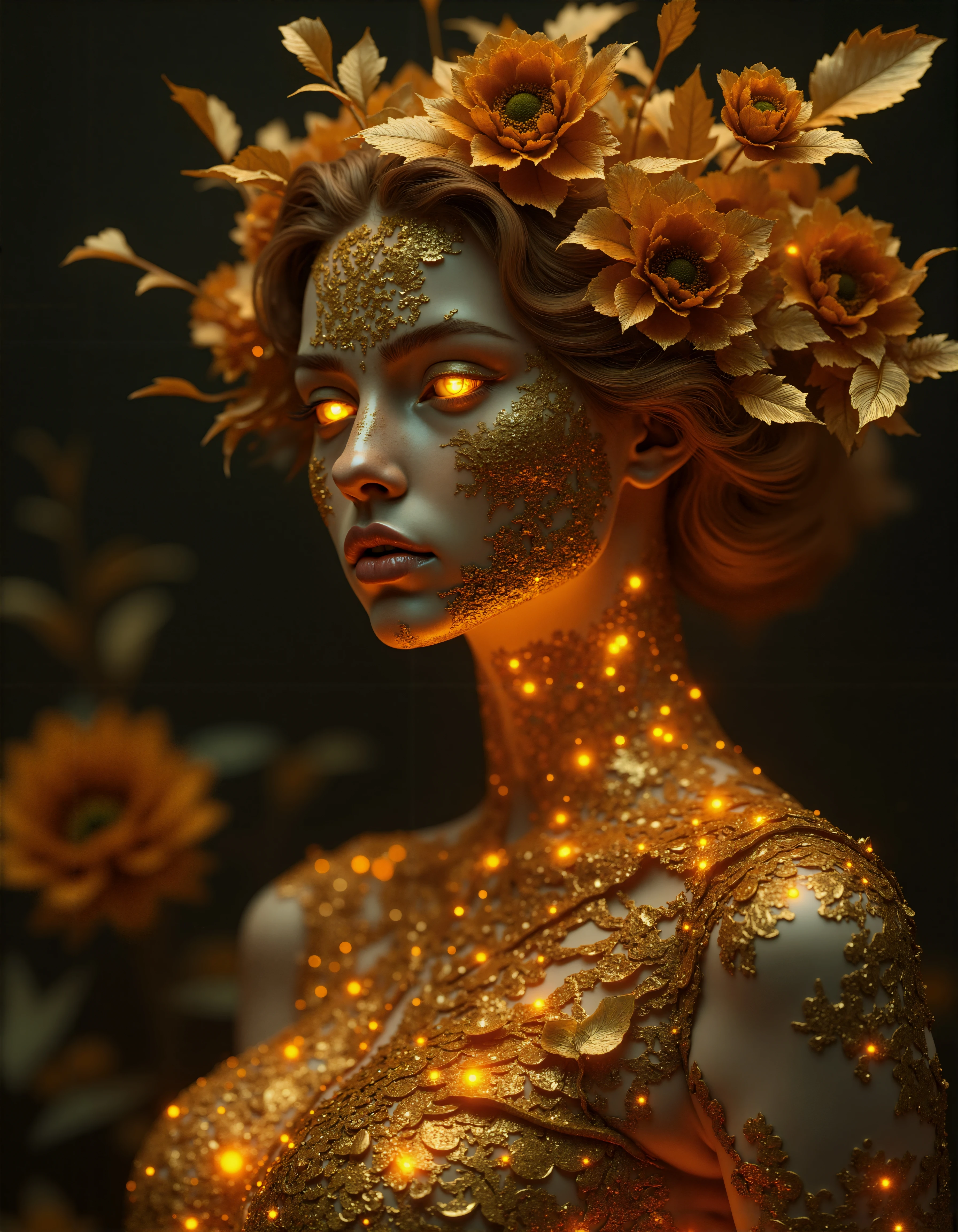 Golden statue of a woman, her skin composed of delicate, textured gold flakes, with chrome and golden flowers intricately woven into her hair, her eyes gleaming with a warm, golden light, wearing a majestic, windy-blown ornate gown with tattered, metallic petals, reminiscent of a dark, dystopian world, her face and shoulders illuminated by a soft, ambient glow, as if radiating an otherworldly energy, in the styles of Royo's dark, mystical realism, Artgerm's hyper-detailed, metallic sheen, and Lovecraft's eerie, atmospheric tension, with meticulous attention to intricate textures, dramatic shading, and a sense of haunting, ethereal beauty.