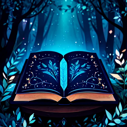 <lora:Flat_Cartoon_IllustrationSD1:1> ArsMJStyle, Flat Cartoon Illustration, The image shows an open book sitting on top of a table in the woods surrounded by trees and plants. The book is illuminated by a soft light giving it a magical and ethereal feel., no humans, tree, book, star (sky), sky, night, crystal, outdoors, flower, still life