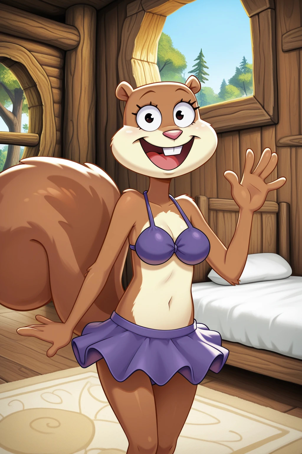 masterpiece, best quality, amazing quality, absurdres, sandycheeks, furry female, brown fur, squirrel tail, solo, smile, standing, looking at viewer, open mouth, waving, purple bikini, purple skirt, indoors, treehouse, wooden wall, window, carpet, bed, blue sky, day