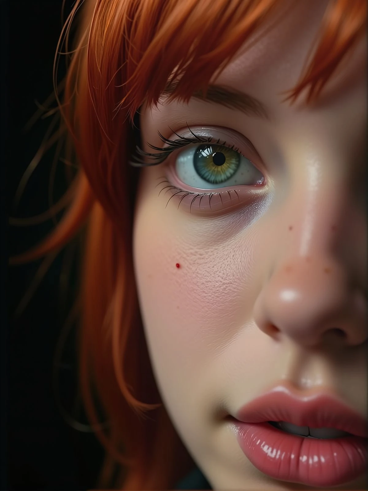 Sharp close shot of a young woman eye. There is a black wall behind her and magical floating particles. <lora:Woomy 6 Flux:1.2> green eyes, full lips, redhair,