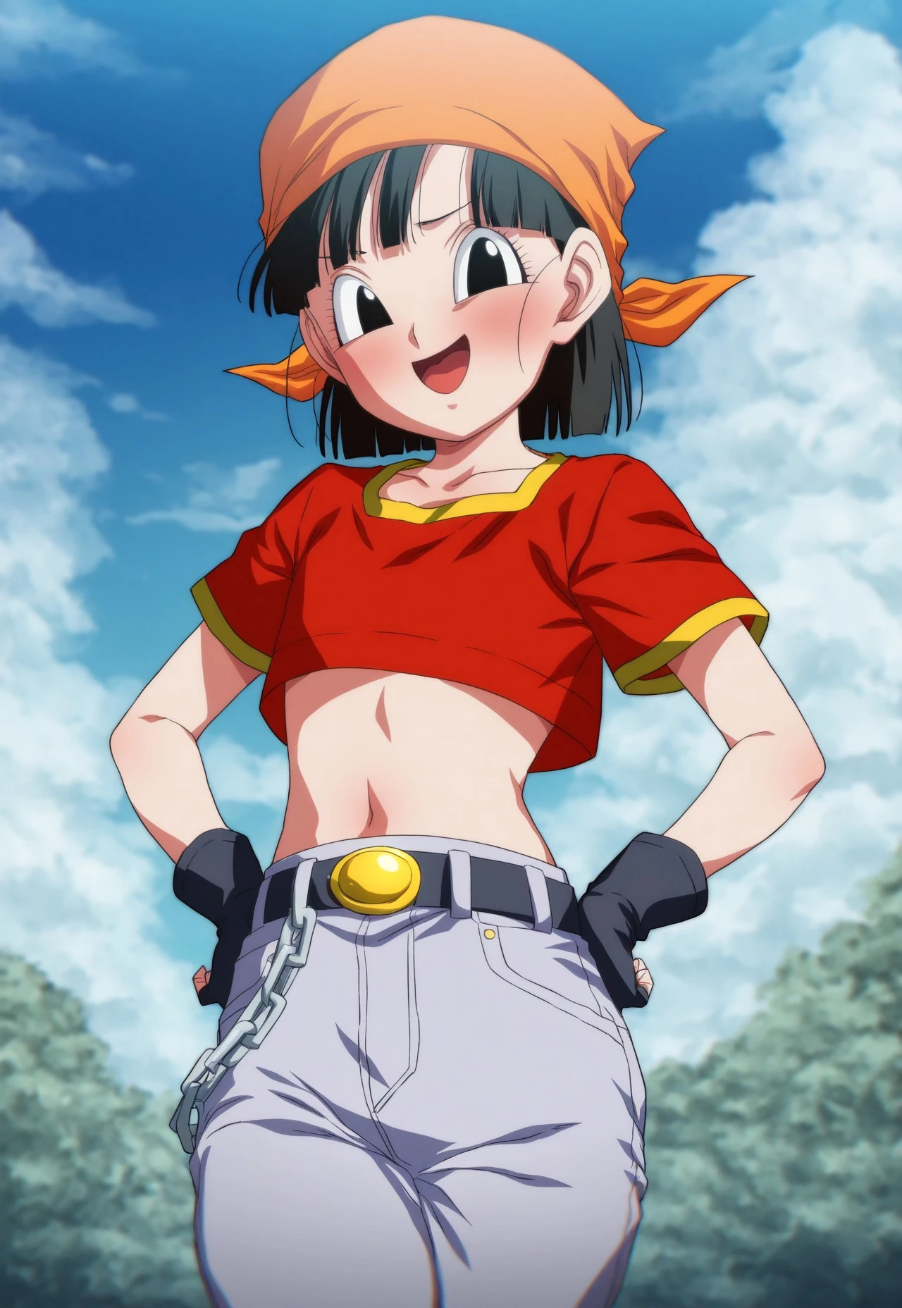 score_9, score_8_up, score_7_up, score_6_up, masterpiece, best quality, vibrant colors, beautiful shading, very aesthetic, absurdres, Pan, Rom@_ArtStyle, anime coloring, anime screencap, absurd res, 1girl, solo, cowboy shot, looking at viewer, facing viewer, smug, >:D, open eyes, round eyes, open mouth, GT_Pan, black hair, black eyes, Red crop top, fingerless gloves, Gold trimmed crop top, Belt, Denim jeans, Golden belt buckle, Orange bandana, short hair, Midriff, Bangs, flat chest, chain attached to jeans, outdoors, sky, clouds, blurry background, hands on own hips, <lora:Rom_Art_Style_for_Illustrious_v5.0:1>, masterpiece, best quality, vibrant colors, beautiful shading, amazing quality, very aesthetic, high resolution, ultra-detailed, absurdres, newest, volumetric lighting,