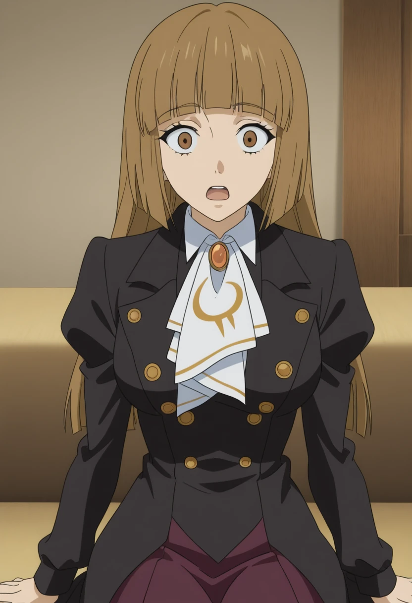 ushiromiyarosa, 1girl, solo, brown hair, brown eyes, hime cut, anime coloring, long hair, cowboy shot, shocked, indoors, sitting
