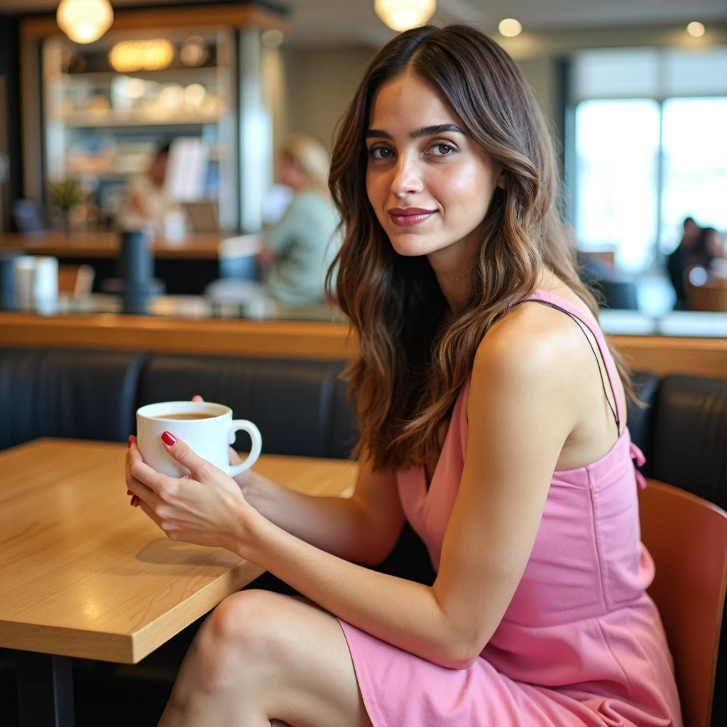 mel_barrera, A beautiful woman sitting in a cafeteria holding a cup of coffee, she ia wearing a pink dress, minimalistic, photorealism, 4k resolution, ultra high quality, realistic proportions, low contrast, 
