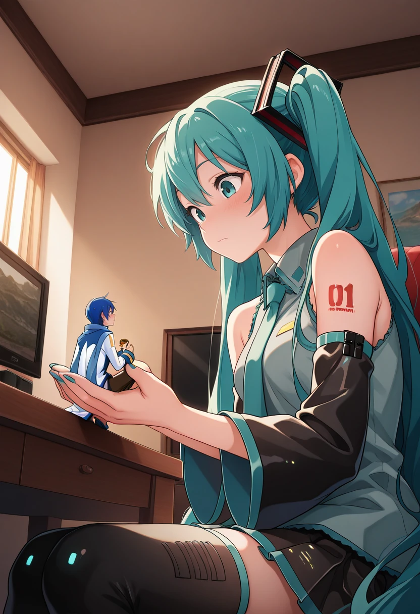<lora:Handheld__Giantess_Concept:1> , handheld, miniboy  on her hand, indoors, looking at another, ADDCOMM, miniboy, (sitting), kaito \(vocaloid\), ADDCOL, giantess, hatsune miku,, masterpiece,best quality,amazing quality,