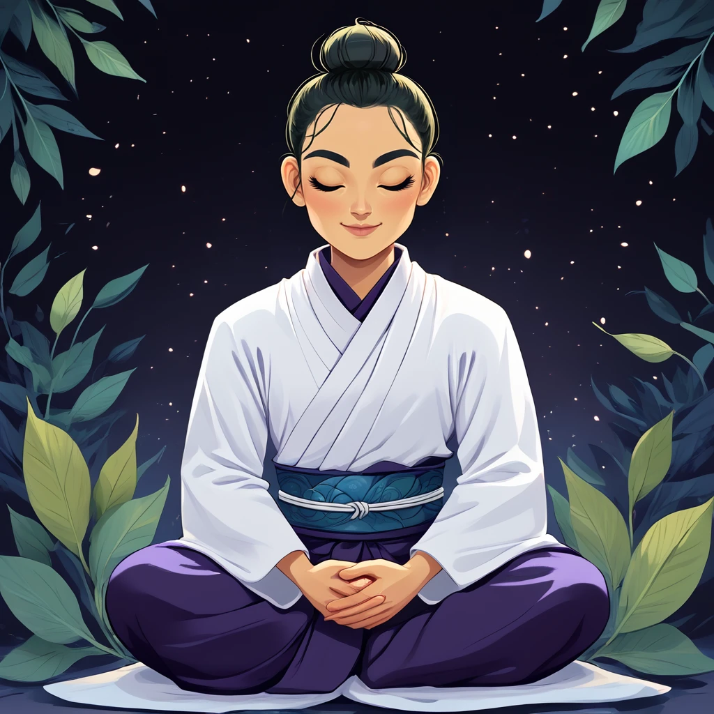 Score_9, score_8_up, score_7_up, score_6_up, BREAK <lora:Flat_Cartoon_IllustrationPony:1> ArsMJStyle, Flat Cartoon Illustration, The image shows a cartoon of a Buddhist monk meditating in the lotus position surrounded by leaves and stars in a dark background., solo, closed eyes, 1girl, single hair bun, hair bun, leaf, nipples, plant, sitting, smile