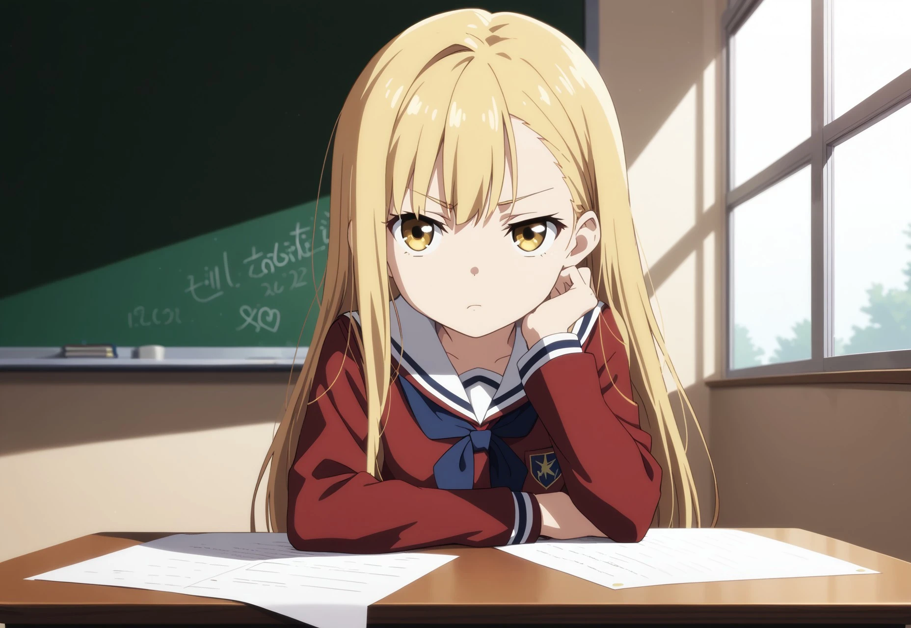 safe_pos, safe_pos, safe_pos, 1Girl, anime style, anime graphics, anime shot, original anime graphics, masterpiece, intricate details, anime colors, anime shading, clear image, perfect color choice,
BREAK
, 168 cm tall, , Score_9, Score_8_up, Score_7_up, fine details, small face, small breasts (((size B))), , long straight hair, golden blonde hair, big eyes, bright golden eyes, straight hair, infinitely cute, pretty, asymmetrical bangs, open hair, masterpiece, anime source, bold colors, soft facial features, petite, cute, narrow face, very petite and slim, flat butt
BREAK
classroom, sitting at table, head on table, looking bored, looking out window, front view, extremely bored, school uniform