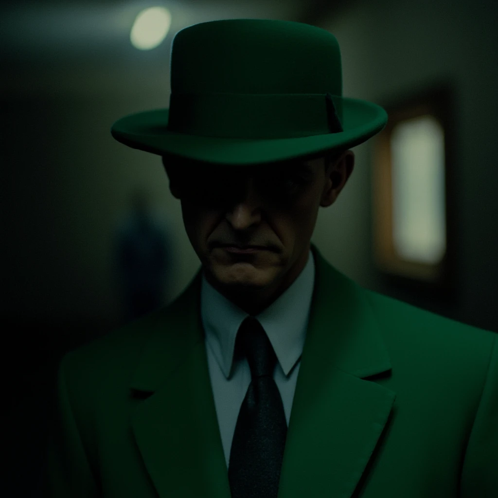 cinematic film still of <lora:Gotham City Batman Animated style v2:0.8>
Closeup Riddler In Gotham City a man in a green suit and a green hat, shallow depth of field, vignette, highly detailed, high budget, bokeh, cinemascope, moody, epic, gorgeous, film grain, grainy