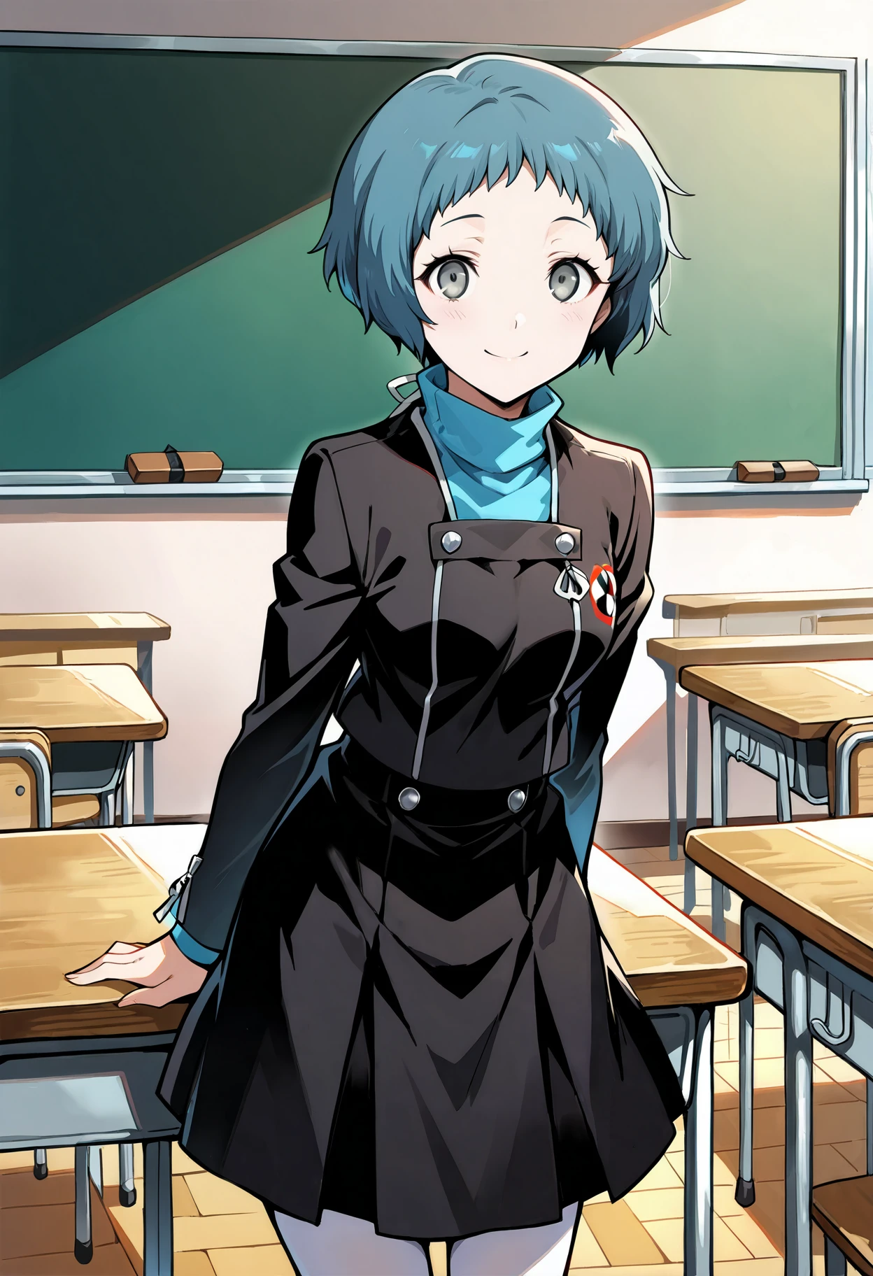 (masterwork, masterpiece, best quality, hyper-detailed :1.2),
1 girl, solo, cute face,
p3fuuka, yamagishi fuuka, short hair, aqua hair, gray eyes,
p3fuuka-winuni, school uniform, gekkoukan high school uniform, skirt, black skirt, pantyhose, white pantyhose, turtleneck, aqua turtleneck, long sleeves
classroom, standing, looking at viewer, smile,