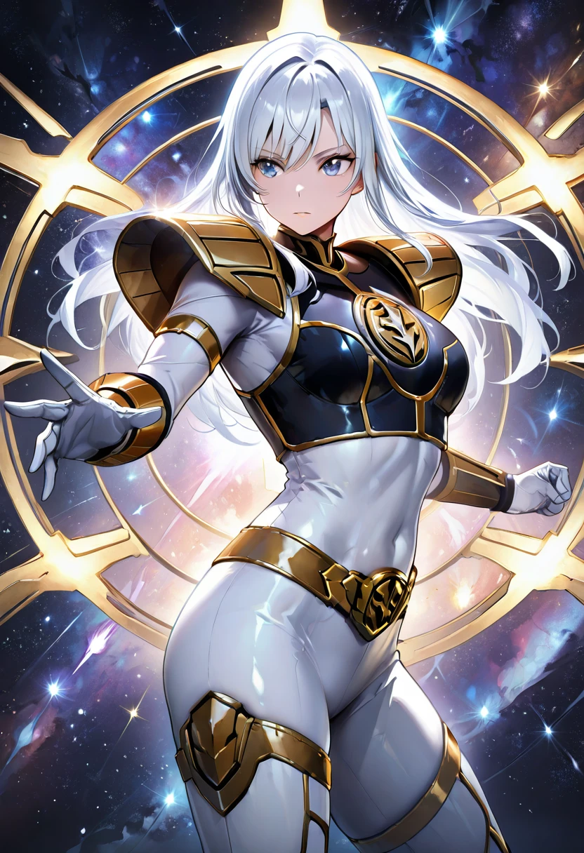masterpiece, best quality, 1girl, cowboy shot, gold hair, white hair, long hair, standing, celestial armor, glowing accents, galaxy background, radiant glow, dynamic pose, gold trim, cinematic lighting , <lora:WhiteRangerIXL:1.0>,