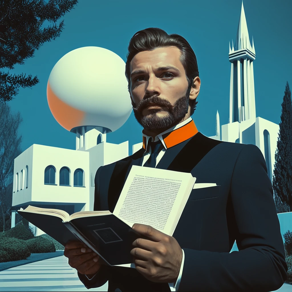 <lora:Abstract_Retro_Future_MovieSDXL:1> ArsMovieStill, Movie still from an abstract retro future movie, The image is a digital illustration of a man holding a book in his hands. The man is wearing a black suit with an orange collar and has a beard and mustache. He is standing in front of a blue background with a white building and a large white sphere on the right side. The building appears to be a futuristic structure with a pointed top and a tall tower on the left side. There are trees and bushes in the background. The overall mood of the image is dark and mysterious., 1boy, male focus, solo, tree, facial hair, realistic, colored skin, beard, mustache, border