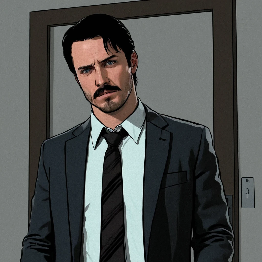 <lora:Rotoscope xl v1:0.9>
drawing Rotoscope style a man in a suit and tie standing in a room, perfect image, sharp image, detailed image, Rotoscope art style, solo, looking at viewer, short hair, blue eyes, shirt, black hair, closed mouth, jacket, white shirt, collared shirt, indoors, facial hair, portrait, beard, door, brown hair, parted lips, manly, brown jacket, mustache, lips