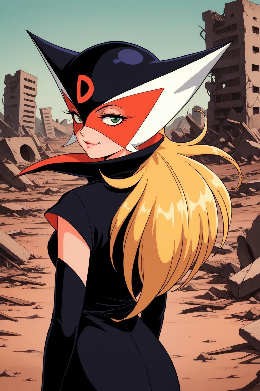 masterpiece, best quality, amazing quality, absurdres, doronjosama, mature female, solo, looking at viewer, smile, half-closed eyes, upper body, from behind, looking back, closed mouth, mask, blonde hair, green eyes, black elbow gloves, black coat, outdoors, wasteland, ruins, (retro artstyle, 1970s \(style\):1.2)