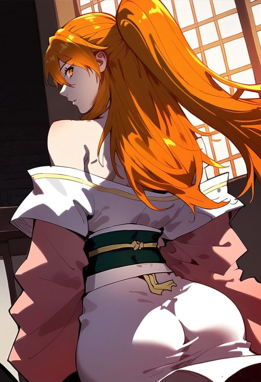 score_9, score_8_up, score_7_up, Expressiveh, detailed face,
xiaoninger, 1girl, ponytail, long hair, orange hair, bangs, orange eyes, bare shoulder, breasts, collarbone, hair between eyes, white dress, kimono, sash, two tones dress, large breasts,
detailed face, full color, vibrant color, cowboy shot, dynamic pose, dynamic angle, centered, head tilt, back view, ass, looking back, from below