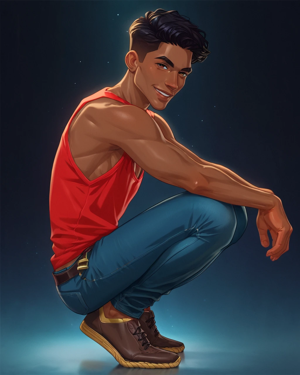 score_9, score_8_up, score_7_up, intricate details, rating_questionable,
<lora:ZaneNox:0.8>, ZaneN0x,
1boy(twink,
dark brown skin, black hair, african features, nigerian,
loose red sleeveless shirt, jeans, seductive smile,
full body, squatting,
side view,
solo, looking at the viewer),
black background,
<lora:ral-chrosc-clr:0.5>, ral-chrosc-clr,
<lora:Expressive_H:0.5>, Expressiveh,
<lora:xl_more_art-full_v1:0.3>,
<lora:add-detail-xl:0.3>