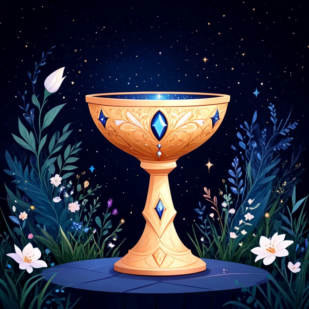<lora:Flat_Cartoon_IllustrationSDXL:1> ArsMJStyle, Flat Cartoon Illustration, The image shows a golden chalice with flowers in it sitting on a table surrounded by plants and stars in the night sky., no humans, flower, star (sky), night, sky, white flower, outdoors, starry sky, grass, gem