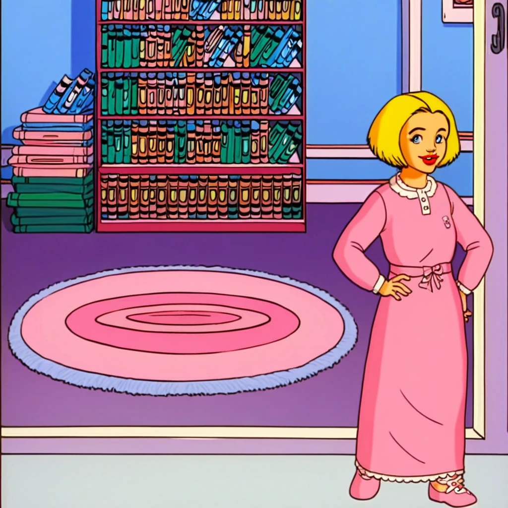 score_8_up, score_7_up, score_6_up, masterpiece, best quality, highly detailed, lips, eyeliner, BREAK, source_cartoon, cartoon screenshot, masterpiece, retro artstyle, <lora:MSBEvan:0:0.9>, best quality, aged up, 18 years old, mature woman, adult woman, 1girl, solo, evan_hudson, cute, blonde hair, short hair, bangs, bob cut, blue eyes, slender, flat chest, huge breast, covered nipples, navel, long arms, sexy waist, thighs, wide hips, long legs, shoulders, collarbone, red lipstick, pink cotton bra, pink cotton panties, cover vagina, smiling, parted lips, looking at viewer, nighttime, large bedroom, windows, standing up, hand on hip, full body